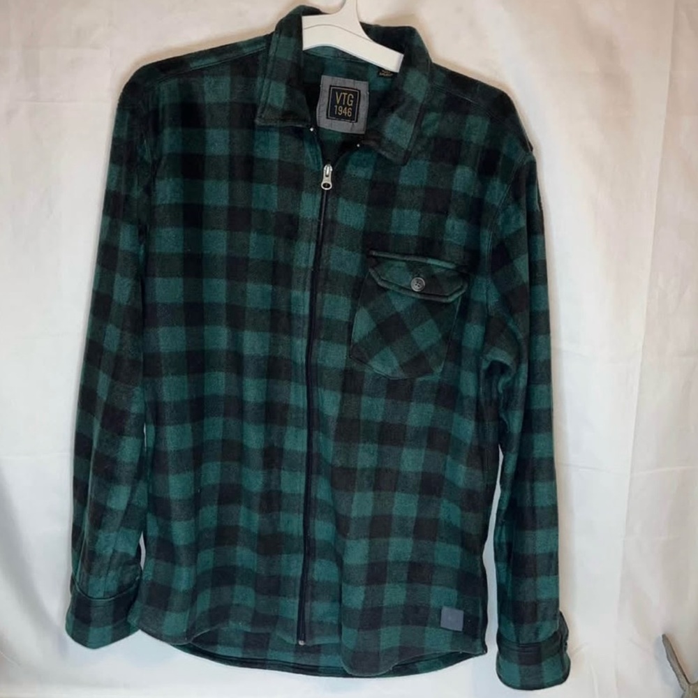 VTG 1946 Jacket Mens Large Green Black Plaid Flannel Relaxed Fit Cotton Zip